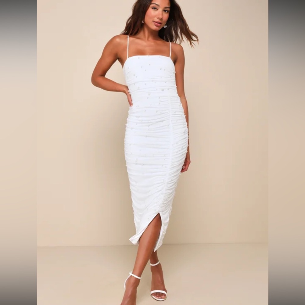 Lulu's Pearl Chic White Ruched Midi Dress Small